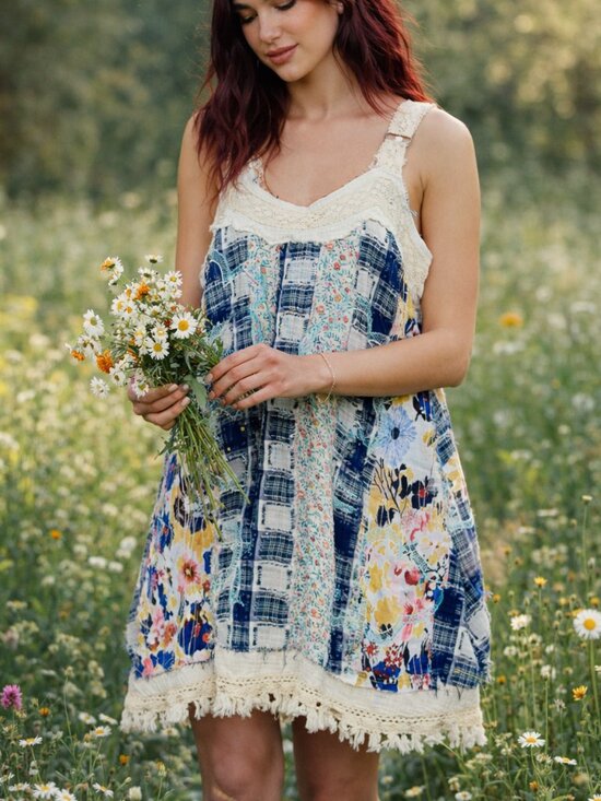 POL Dresses & Skirts - POL Overalls Style 70s Cotton Denim Boho Farm Girl Patchwork Lace Fringe Dress